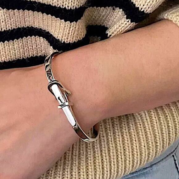 Sterling Silver Buckle Bracelet Bangle Adjustable Unisex Belt Geometric - Picture 4 of 5